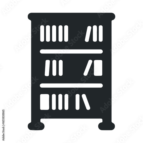 Minimalist black bookshelf icon with books on three shelves