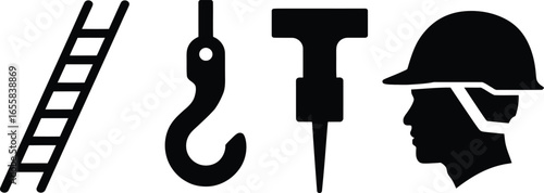 Construction worker with tools and ladder in a bold silhouette for advertising