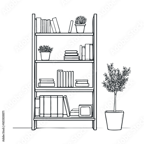 Minimalist bookshelf with potted plants and books in black and white line art drawing