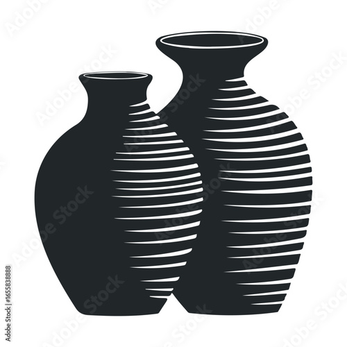 Minimalist black silhouette of two striped vases on white background