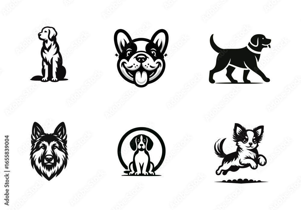 Fototapeta premium Set of Six Dog Breed Black and White Vector Logos