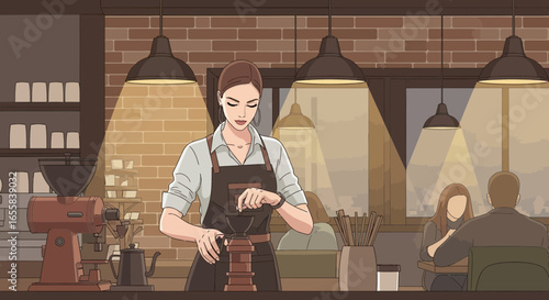 Illustration of a barista grinding coffee beans in a cozy coffee shop atmosphere