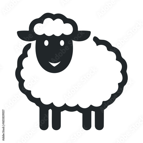 Smiling cartoon sheep with fluffy wool icon in black and white