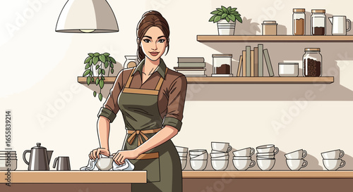 Illustration of a smiling barista wiping coffee cups at a cozy cafe setting