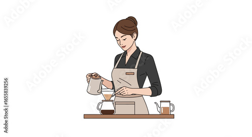 Illustration of a young woman preparing coffee using the pour-over method