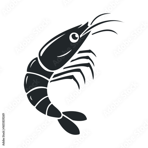 Stylized black shrimp illustration on white background