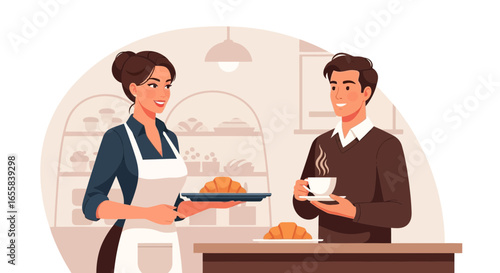 Illustrative baker and customer in pastry shop with coffee and croissants