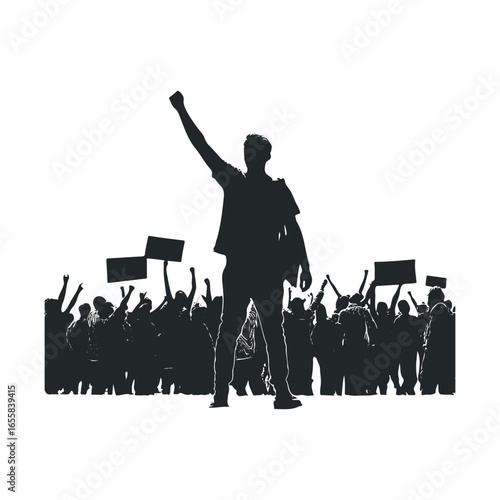 Silhouette of protesters with raised fists and signs in unity