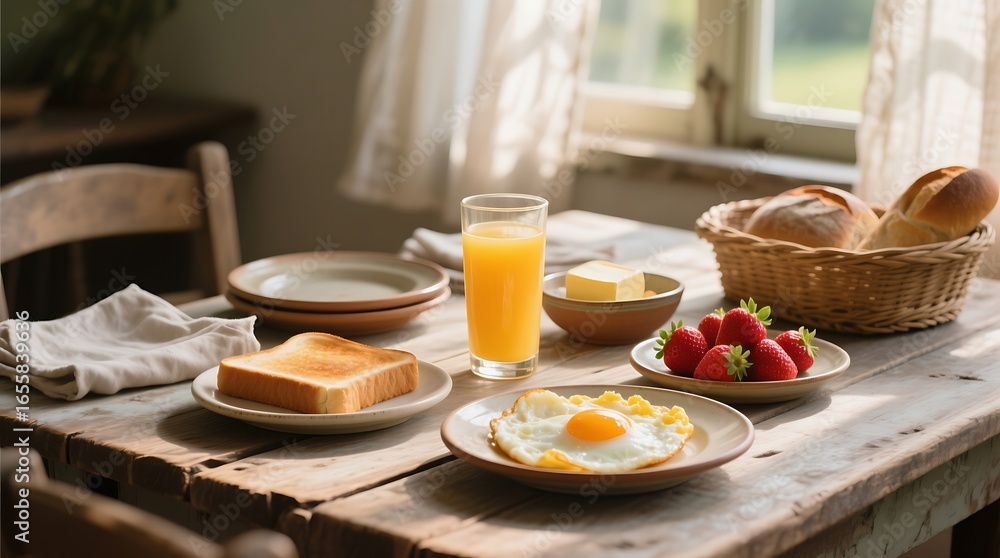Fototapeta premium Rustic Farmhouse Breakfast: Sunny Egg, Toast, Strawberries, and Orange Juice