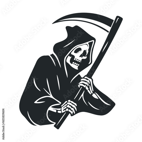 Grim reaper silhouette with scythe on white background