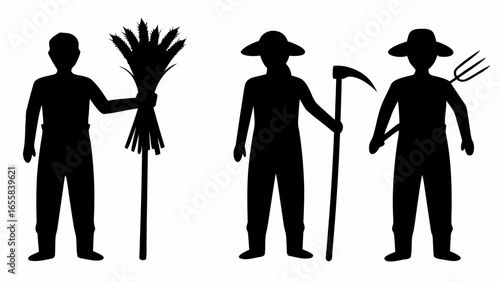 Silhouette representation of three farmers with wheat, scythe, and pitchfork in a field setting scene