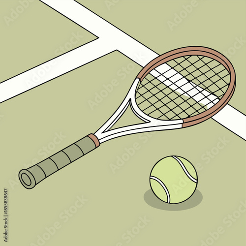 Tennis Setup: A detailed illustration of a tennis setup, featuring a racquet and tennis ball resting on the court.