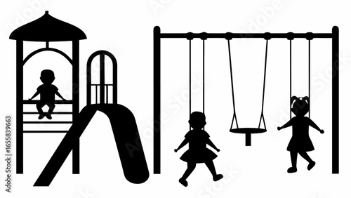 Silhouette illustration of a playground with a slide, swings, and children playing in black and white style