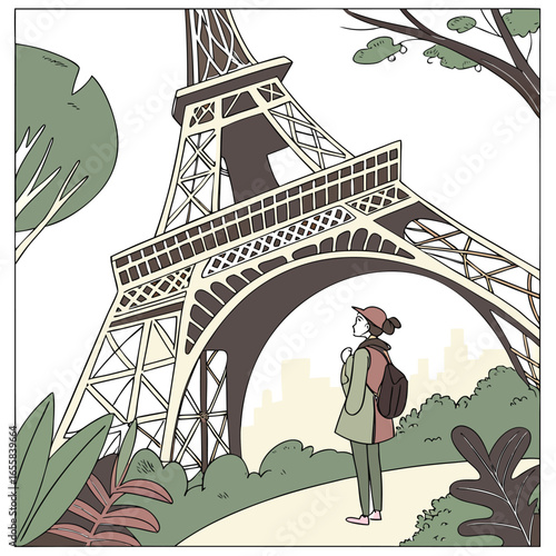 Eiffel Tower in Paris : A female tourist, captivated by the majesty of the Eiffel Tower, stands in awe, her silhouette a testament to the iconic landmark's grandeur and the city's timeless allure.