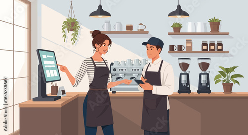 Modern cafe interaction, baristas taking orders with digital technology integration