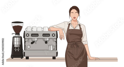 Professional barista in apron leaning on espresso machine at coffee shop