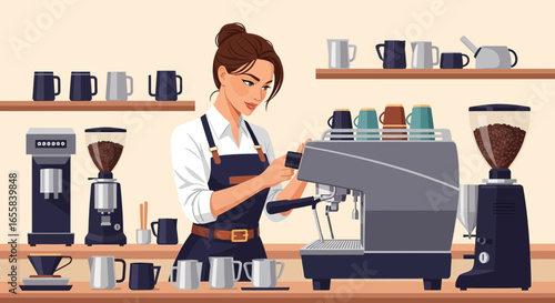 Professional barista prepares espresso at trendy coffee shop, vibrant scene
