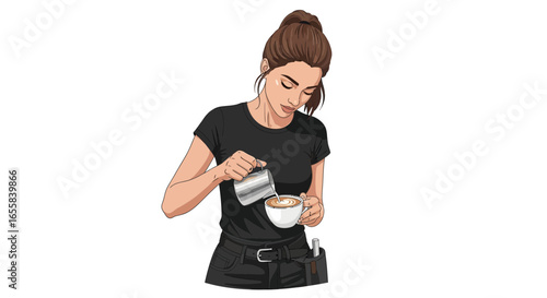 Professional barista perfecting latte art in a stylish coffee shop setting