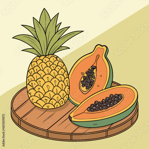 Tropical Fruit Composition: An artful arrangement of a whole pineapple and sliced papayas is presented on a wooden tray, offering a vibrant display of nature's bounty.
