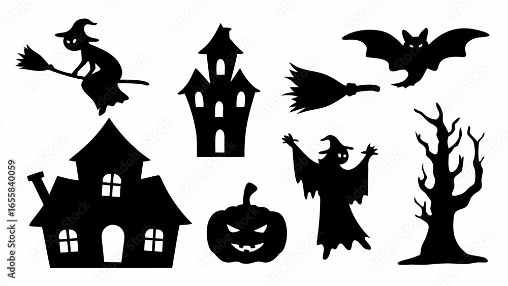 Obraz premium Silhouette image showing halloween elements including witch on broom, haunted houses, bat and pumpkin design