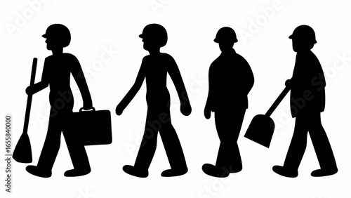 Silhouetted figures of construction workers in helmets carrying tools and walking in a line formation view