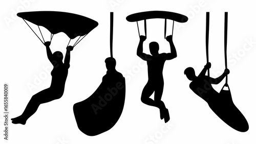 Silhouette illustration of four individuals engaged in various aerial activities and sports scenes