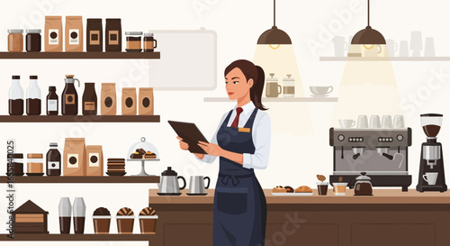 Professional barista taking inventory in a cozy coffee shop environment