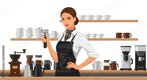 Professional barista woman preparing espresso in coffee shop counter scene