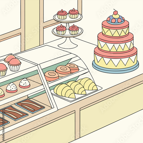 Sweet Delights Display: An array of mouthwatering pastries, cupcakes, cakes, and croissants beckon from behind a pristine display case.