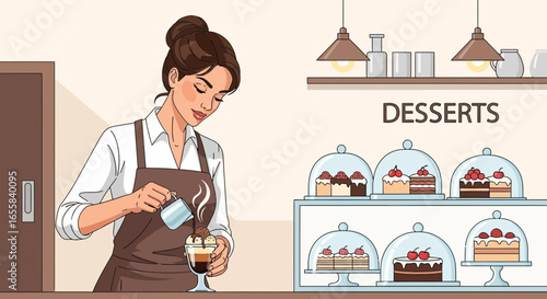 Professional pastry chef creating a delicious ice cream dessert in a shop