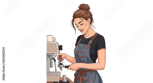 Sketched barista preparing espresso with industrial machine in a shop