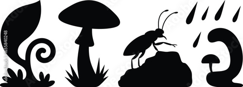Enchanting forest scene with mushrooms beetle plant and gentle rain silhouette