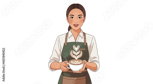 Smiling Barista Holding Exquisite Latte Art, Presenting Crafted Coffee