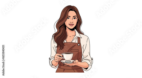 Smiling barista offering a cup of coffee in cartoon style illustration