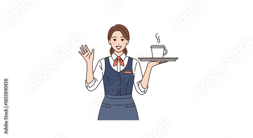 Smiling waitress in uniform holding a tray with a cup of coffee