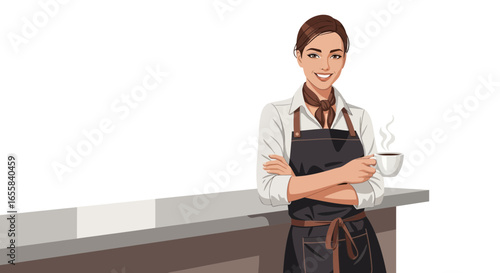 Smiling barista with steaming coffee standing near counter illustration