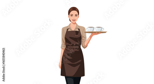 Smiling barista woman holding a tray with two cups of coffee isolated