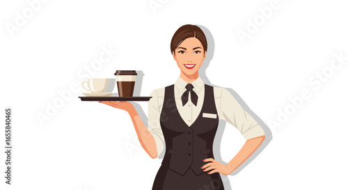 Smiling waitress presents tray of coffee and tea with professional poise