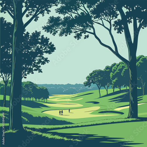 Golf Course Landscape: An illustration capturing the essence of a golf course, featuring verdant fairways, strategically placed sand traps, and the natural beauty of towering trees.