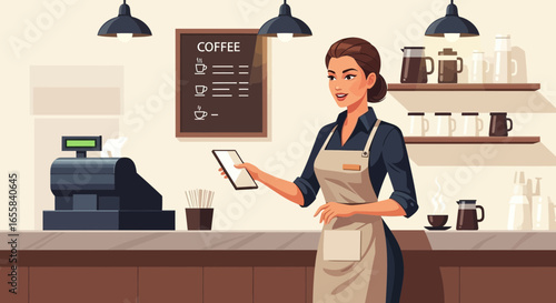 Stylized coffee shop scene with a female barista using a digital tablet