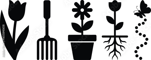 Collection of gardening and nature themed icons in a distinctive silhouette style