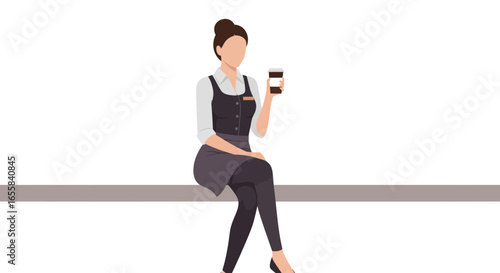 Vector illustration of a waitress taking a coffee break on a ledge