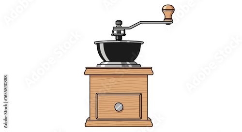 Vintage manual coffee grinder with wooden base and metal components isolated