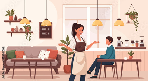 Warm welcome in a cozy coffee shop setting with inviting atmosphere