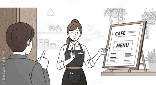 Welcoming cafe illustration of a waitress presenting menu to customer