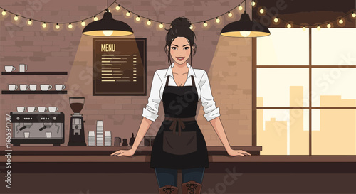 Welcoming coffee shop owner with a genuine smile, standing behind the bar