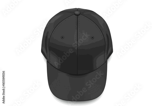 A front view of a black baseball cap showing its curved brim and sixpanel construction with a button on top
