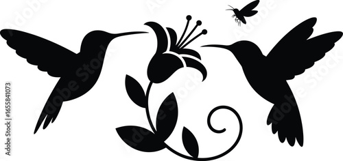 Graceful hummingbirds hovering near vibrant flowers in a natural setting silhouette