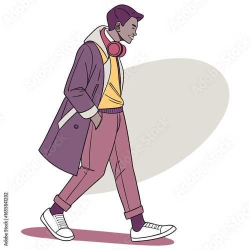Urban Strider: A fashionable individual strides confidently through an urban landscape, exuding modern style and understated sophistication.