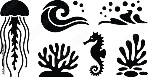 Underwater marine life silhouette featuring jellyfish and coral reef elements